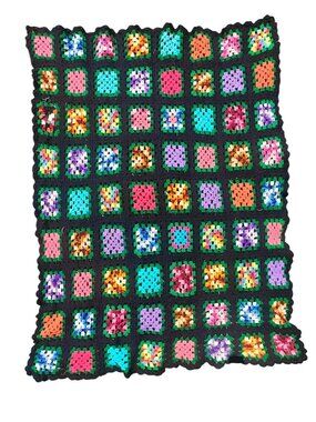 Handmade Vintage Crochet Afghan Blanket Multicolor Granny Square Black Large